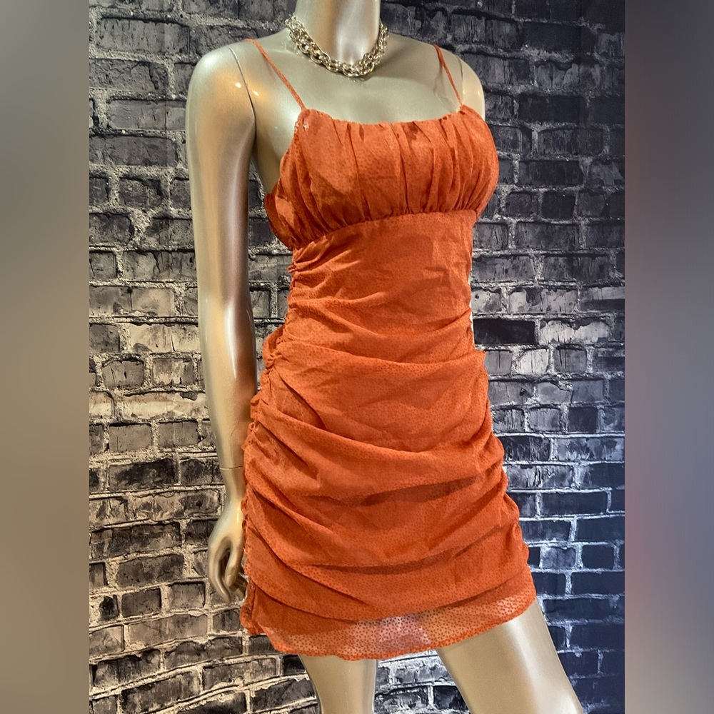 Rust Orange Burnout Velvet Ruched Mini Dress